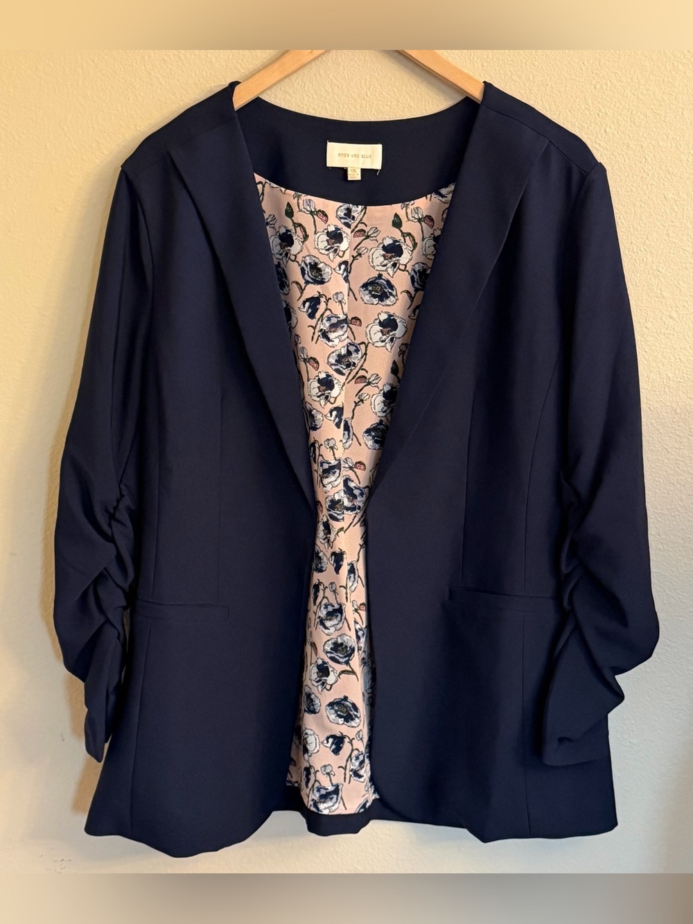 Skies Are Blue Navy Open-Front Blazer with Pink Floral Interior